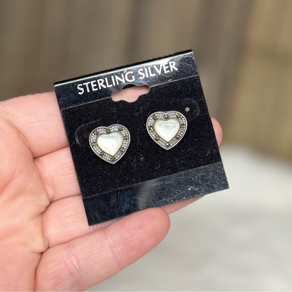 Sterling Silver Vintage Mother of Pearl Marcasite Heart Post Earrings